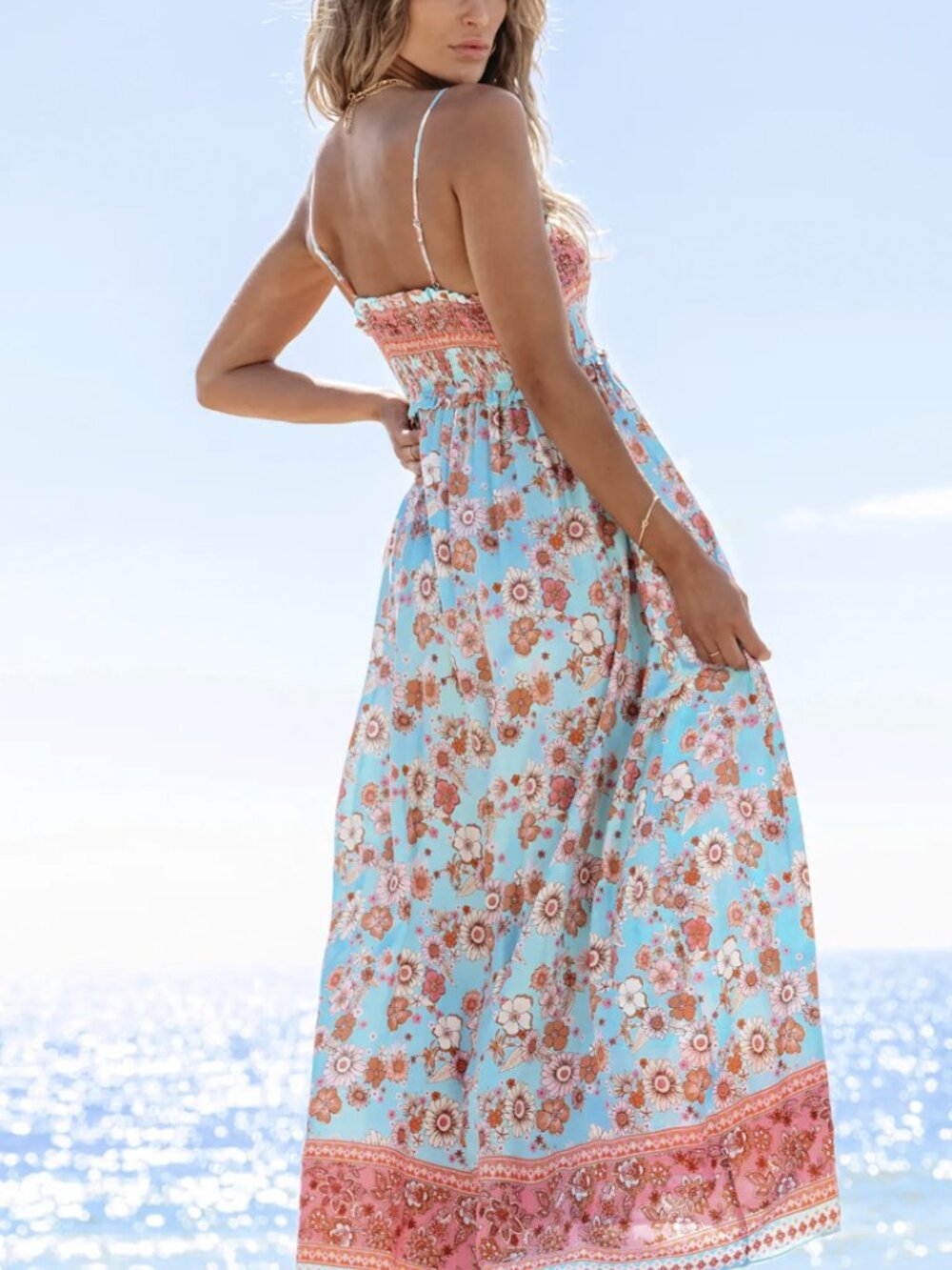 CupShe Blue & Pink Floral Sleeveless Square Neck Maxi Dress Med